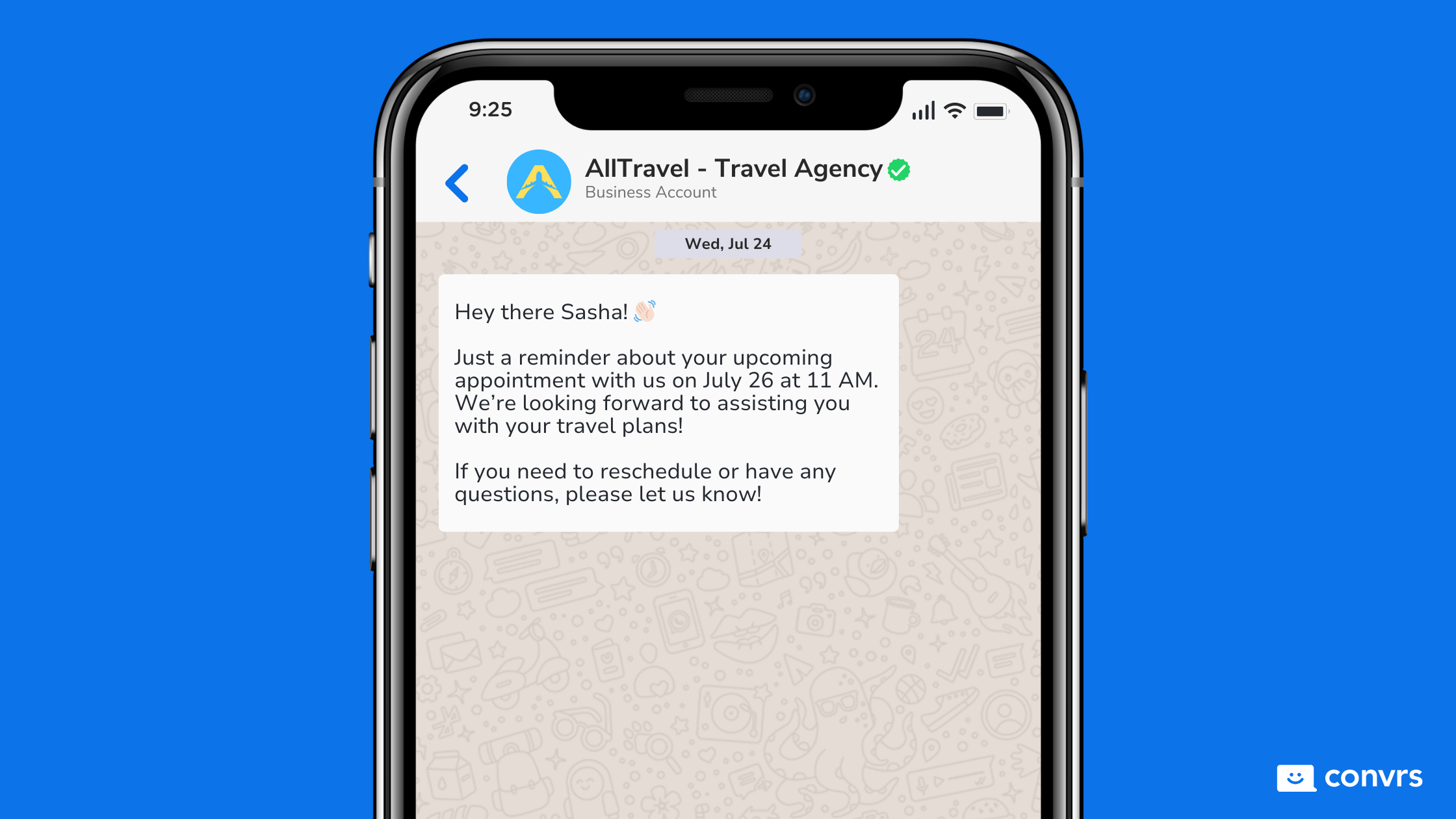 Customer receiving WhatsApp automated message from a travel agency reminding them about their appointment